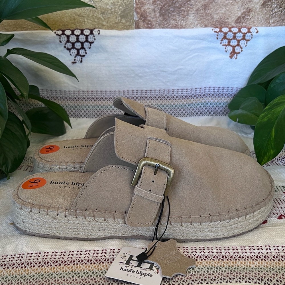 NEW Haute Hippie Aria 100% Suede Buckle Espadrille Tan Slip-On Mule Clogs US 9.5 - Picture 4 of 15